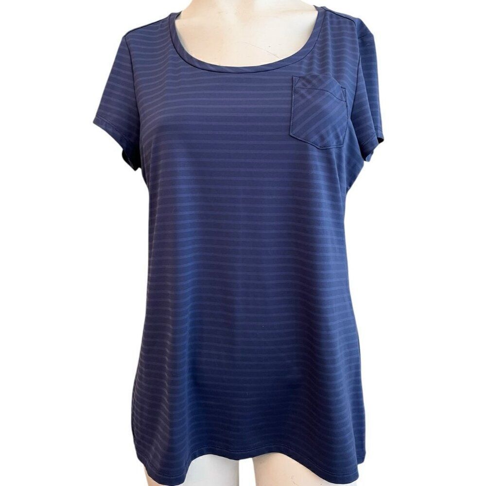 REI Women's Medium Cark Blue Striped Lightweight T Shirt Short Sleeve Pocket
